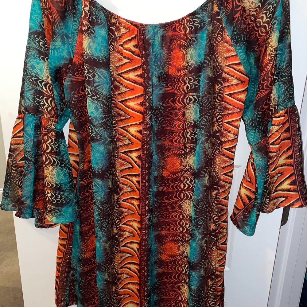 Multi Color Dress with Bell Sleeves and Cream Fringe